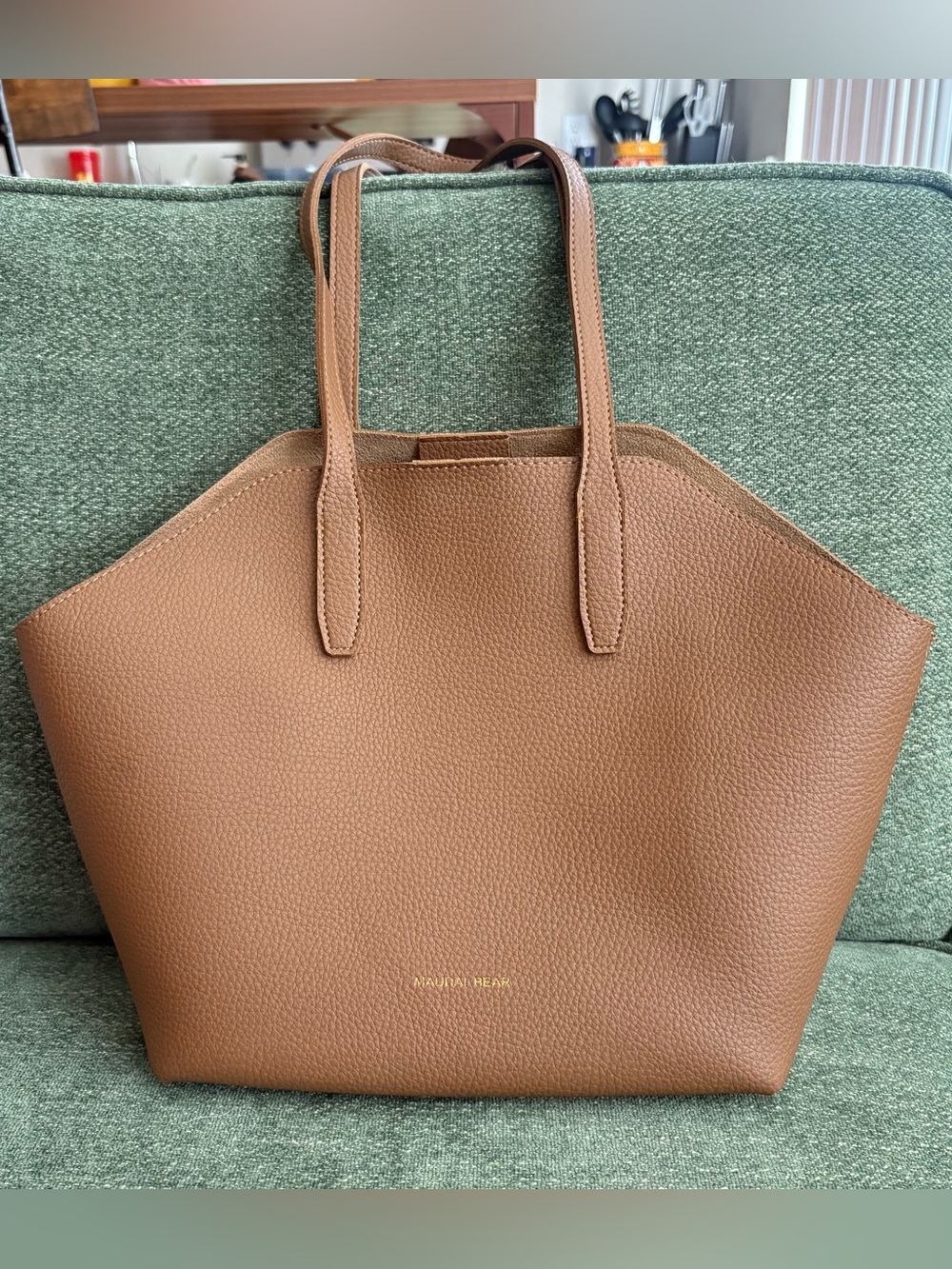 Structured Leather Tote in Tan with Gold Logo